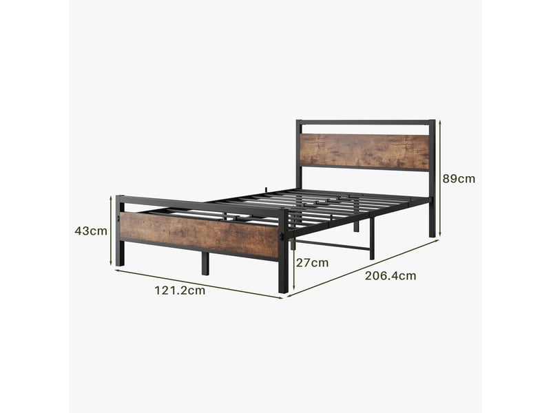  Lit double 140×200 cm avec rangement - okmyhome- tête et pied de lit, mdf et métal, sans matelas, brun antique  - Conforama D