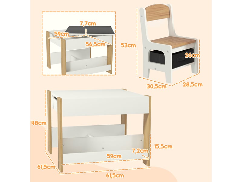 Ensemble table et chaises 3 en 1 pour enfants avec tableau noir, tiroirs en tissu et espace de rangement, blanc et naturel - Conforama D