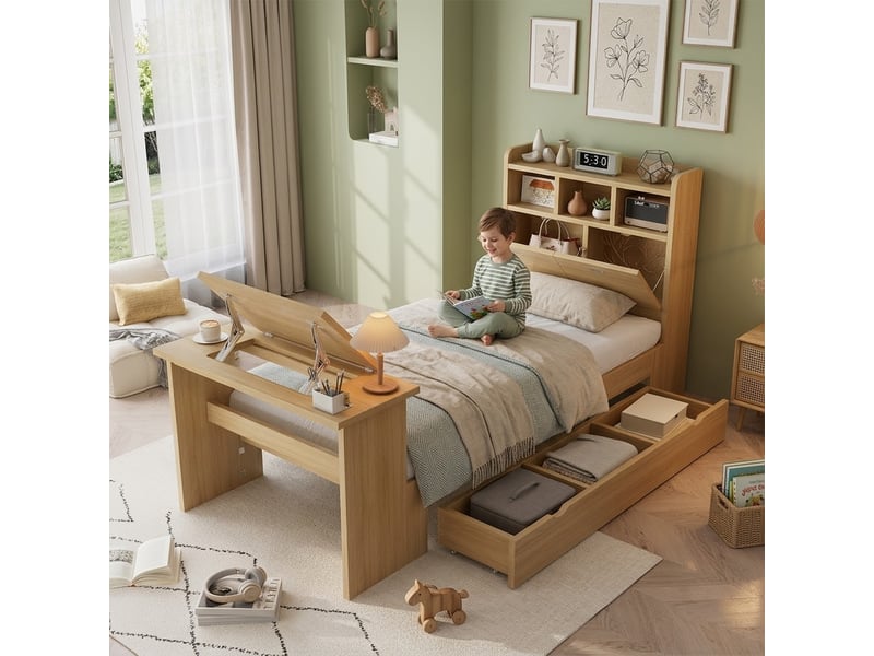  Lit simple 90x200 cm, lit enfant, tiroirs, étagères, bois naturel  - Conforama E