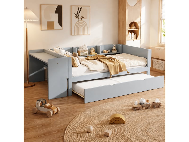  Lit combiné enfant 90 x 200 cm gris avec lit gigogne, bureau et 3 étagères  - Conforama C