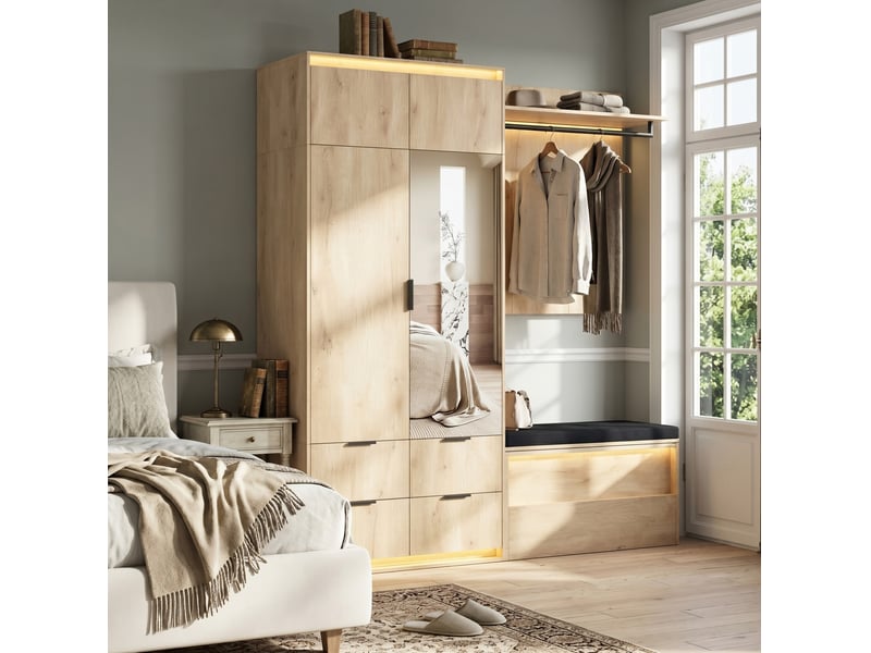  Garde-robe d'entrée 180x47x200 cm avec led, miroir, 2 tringles, 4 tiroirs mdf couleur bois  - Conforama E