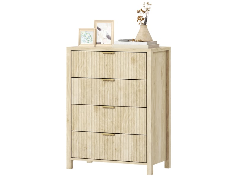  Commode à 4 tiroirs rainurés et poignées dorées, 70 x 38 x 93 cm, bois naturel  - Conforama B