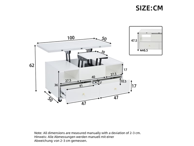 Table basse réglable en hauteur avec fonction pliante et 4 tiroirs, 100 x 50 x 47,5 cm, une grande et une petite table à levage hydraulique, table de salon mobile avec roulettes universelles, table d'appoint, blanche - Conforama C