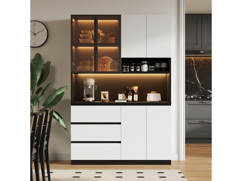  Meuble de cuisine muvano, buffet haut blanc et noir avec led, 6 portes et 3 tiroirs, largeur 120,5 cm  - Conforama C