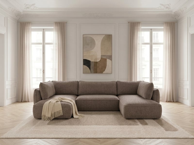  Bobochic canapé d'angle panoramique convertible esmee tissu chenille taupe  angle gauche ESMEE - Conforama C