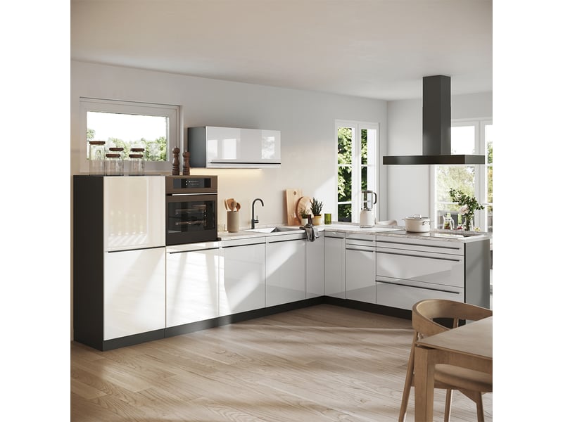 Vicco cuisine en angle, blanc haute brillanceanthracite, 327 x cm plan de travail anthracite - Conforama C