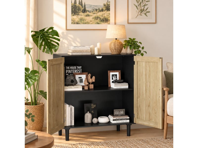  Buffet bas 80x40x88 cm noir, 2 portes en rotin, poignées bois massif, meuble de rangement salon entrée  - Conforama E