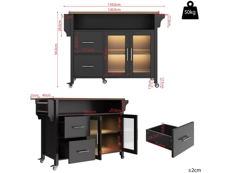 Desserte de cuisine 139 x 40 x 94,5 cm noire en mdf, plateau pliant, rangement sur roulettes avec led  - Conforama C