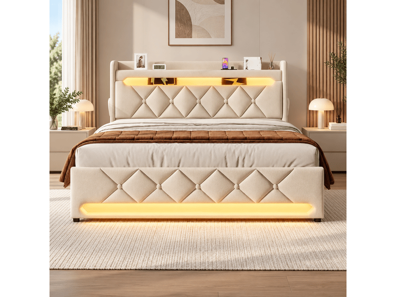 Lit coffre rembourré 140 x 190 cm, rangement hydraulique, tête de lit avec rangement, usbtype-c, led 360°, lin, beige Bliss Lite - Conforama D
