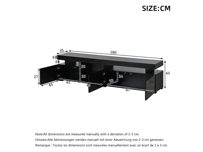  Meuble tv 180x35x45cm - meuble bas brillant avec 3 portes, étagères réglables en verre trempé, pour tv jusqu’à 80 pouces, panneau de particules - noir  - Conforama C