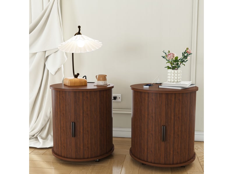 Table de chevet - 60x60x60cm - bout de canapé cylindrique mid-century en mdf avec station de charge - noyer - marron - Conforama B