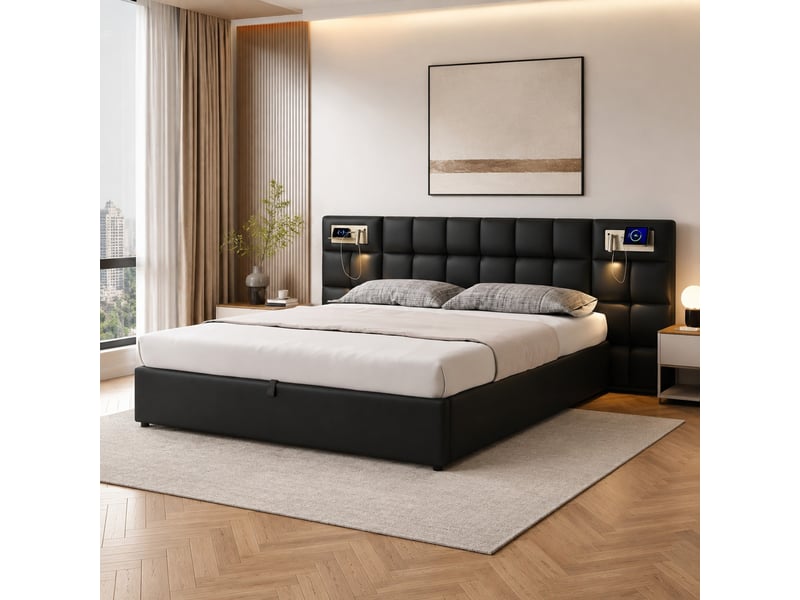  Lit coffre tcqpz 180 x 200 cm avec usb, recharge sans fil, lampe intégrée, rangement, pu noir  - Conforama B