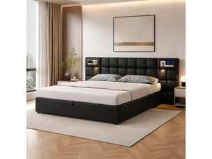 Lit coffre tcqpz 180 x 200 cm avec usb, recharge sans fil, lampe intégrée, rangement, pu noir