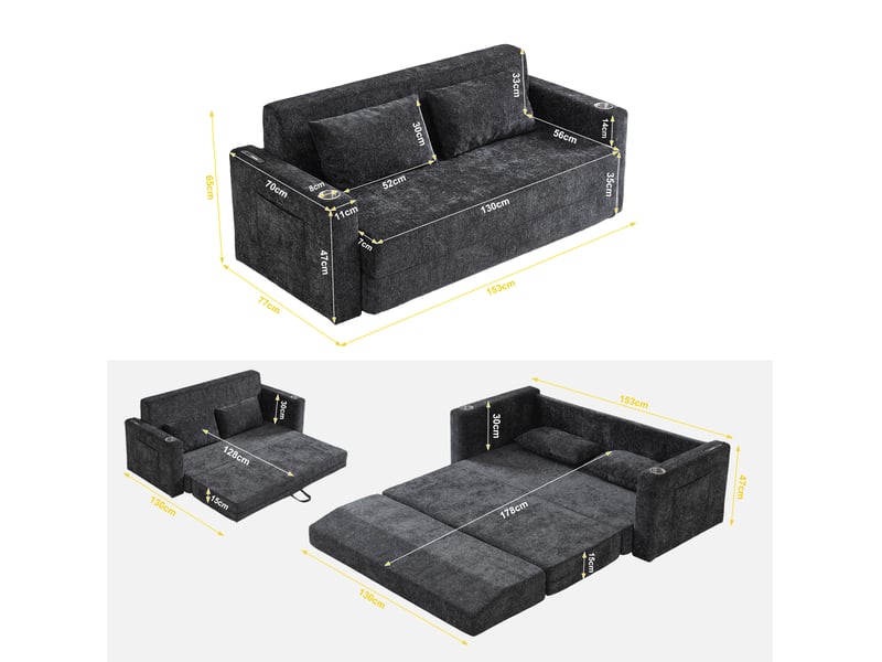 Canapé convertible pliant 2 places avec usb, porte-gobelets, poches latérales et coussins en chenille noir et gris - Conforama C