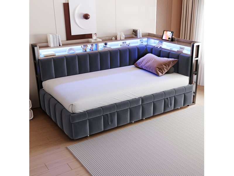 Lit gigogne 90x200 cm en velours gris foncé avec led et ports usb - Conforama E
