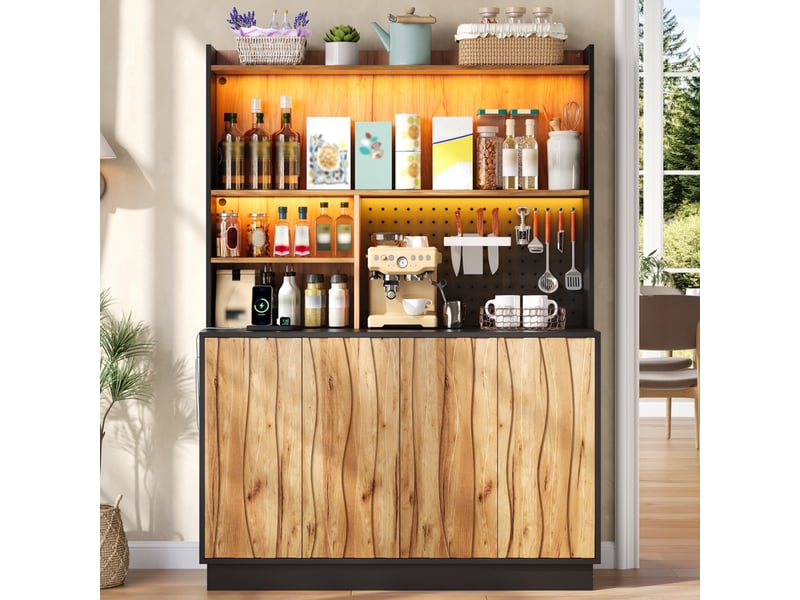  Buffet haut de cuisine 120 x 43 x 160 cm bois naturel et noir, led rgb par application, 4 portes, prises, usb et panneau perforé, pour cuisine  - Conforama C