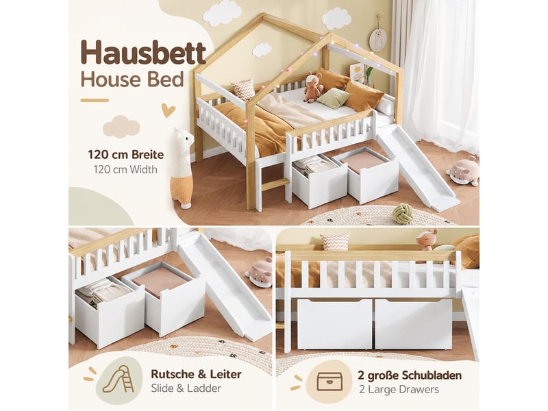  Lit mezzanine 120x200 cm - avec toboggan - avec échelle - 2 tiroirs - barrière de sécurité - bois - structure multifonction - bois naturel et gris CozyNest - Conforama E