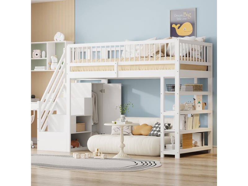  Lit mezzanine 90 x 200 cm, penderie, étagères et espace de rangement, échelle d'accès sécurisée, bois massif, blanc  - Conforama B