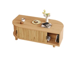 Table basse 100x50x35 cm avec 2 portes à rideau et rangements, table de salon aux angles arrondis avec pieds en bois, mdf, charge 30 kg, bois clair