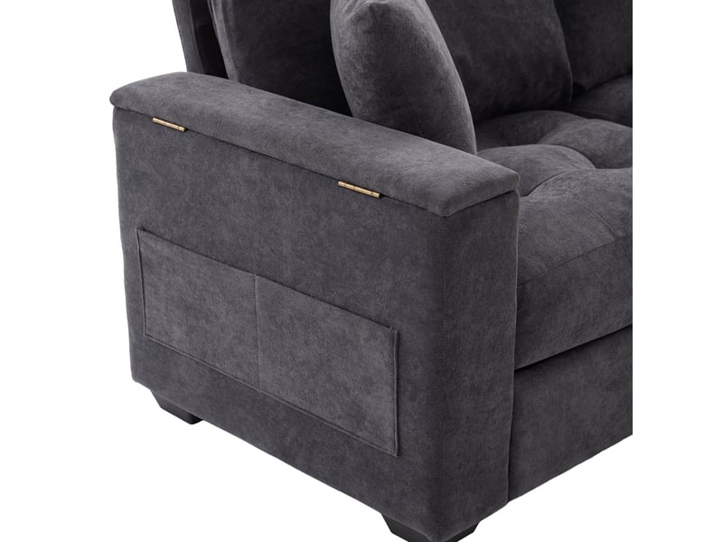  Canapé 180 cm moderne, canapé 2 places gris foncé avec rangement accoudoir et poches, tissu chenille doux, 2 coussins inclus.  - Conforama E