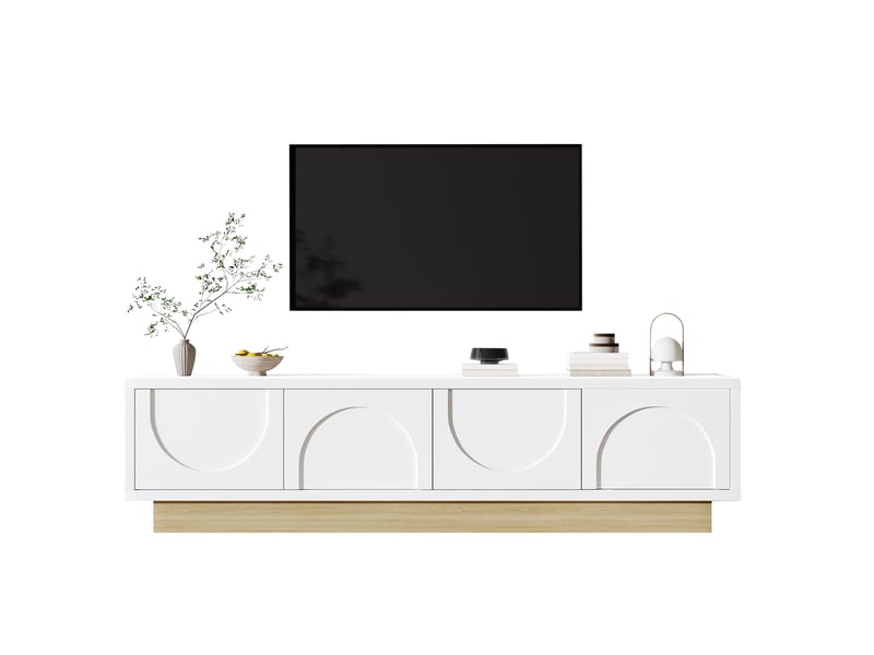  Meuble tv ulevr avec rangement et passe-câbles, 175 x 40 x 41,5 cm, mdf blanc et décor bois  - Conforama A