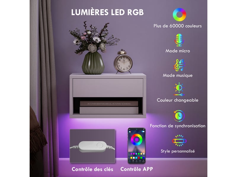  Lot de 2 tables de chevet suspendues avec éclairage led rgb contrôle par application, étagère, tiroir, blanc, 37x32x21cm  - Conforama A