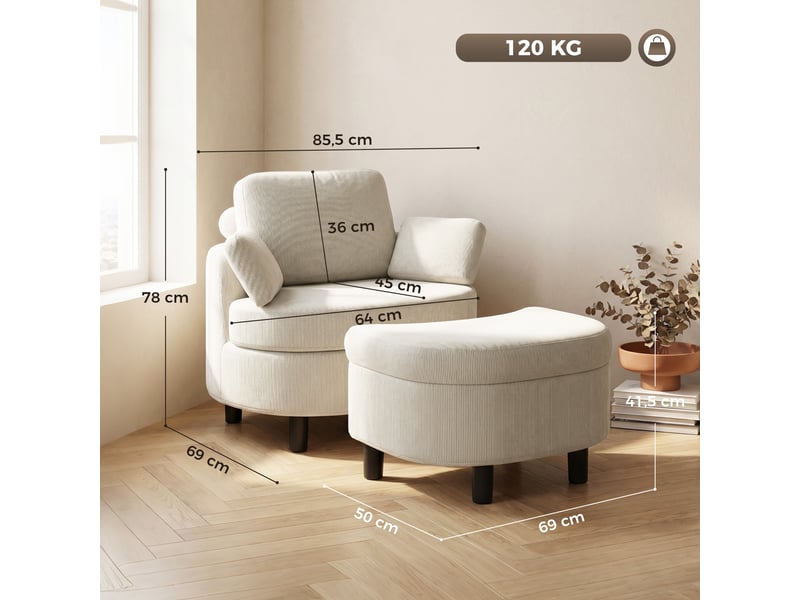 Fauteuil, chaise longue avec pouf de rangement, coussins blanc crème - Conforama E