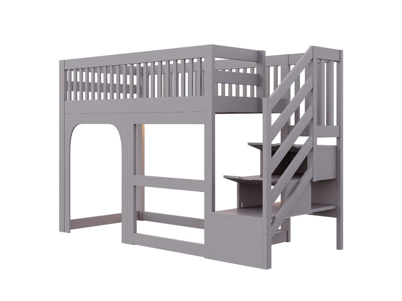  Lit mezzanine enfant 90 x 200 cm décor porte et fenêtre échelle d'accès rangement intégré rangement ouvert sous le lit éclairage led barrière de sécurité coloris gris  - Conforama A