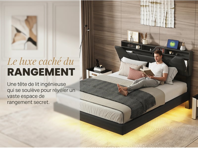 Lit coffre 140x190 cm avec tête de lit éclairée - leds rgb - velours beige - sommier à lattes - rangement hydraulique et tiroirs - Conforama E
