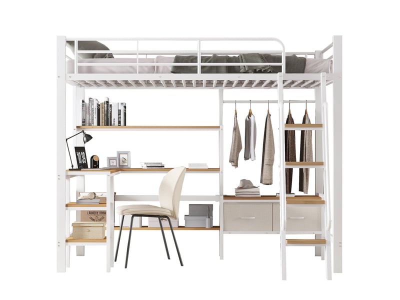  Lit mezzanine 90x200 cm avec bureau, lit surélevé pour chambre d'enfant avec étagère et 2 bacs de rangement, métal et mdf avec échelle inclinée, blanc  - Conforama A