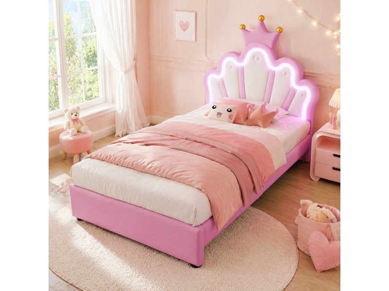  Lit enfant 90 x 200 cm rose avec éclairage led télécommandé, 2 tiroirs, tête de lit couronne et réglable, sans matelas  - Conforama B