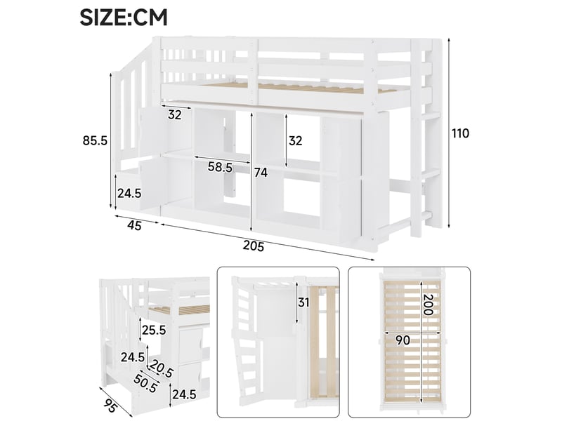  Lit mezzanine 90x200 cm avec rangements, escalier coffre, led, structure robuste mdf bois pin, blanc sans matelas  - Conforama C