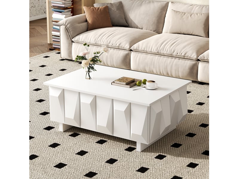  Table basse avec rangement 95x67x39,5 cm – blanc – portes à relief 3d et plateau spacieux pour salon  - Conforama B