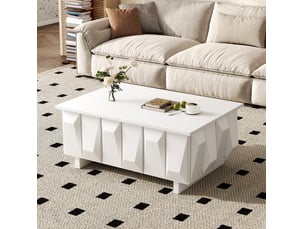 Table basse avec rangement 95x67x39,5 cm – blanc – portes à relief 3d et plateau spacieux pour salon