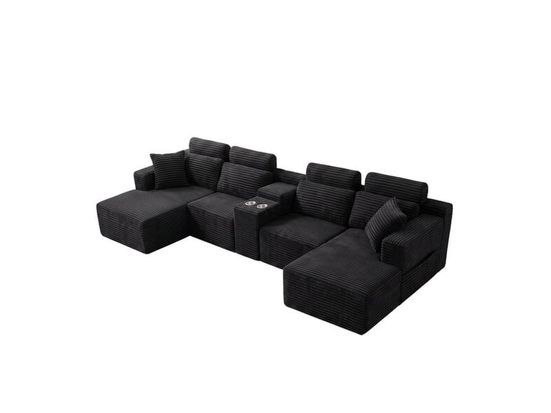  Canapé d’angle modulaire en u 373x151x81 cm compressé, porte-gobelets, mousse,  velours côtelé couleur noir  - Conforama A