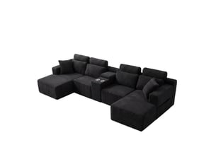 Canapé d’angle modulaire en u 373x151x81 cm compressé, porte-gobelets, mousse, velours côtelé couleur noir