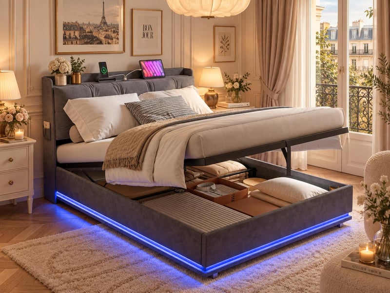  Lit double 140×190 – lit coffre –  éclairage led rgb – port usbtype‑c et électriques  –  sommier à lattes – velours gris  - Conforama B