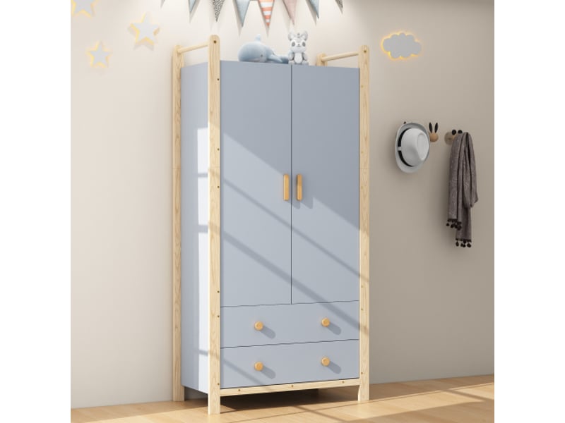  Ensemble armoire et étagère enfant en bois massif bleu et naturel, meuble de rangement 180 cm  - Conforama E