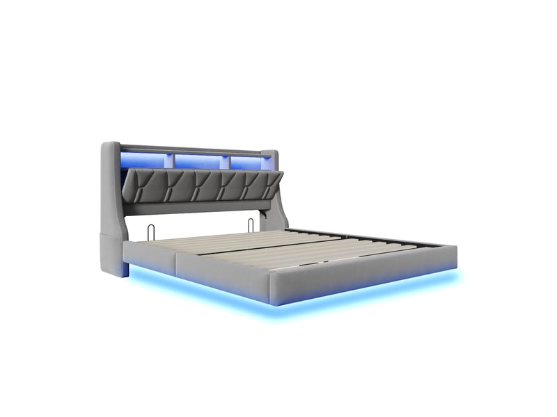  Lit capitonné 180 x 200 cm, tête de lit rabattable avec prise et compartiment de rangement, éclairage led, pieds de lit élargis, design suspendu, revêtement en velours gris  - Conforama E