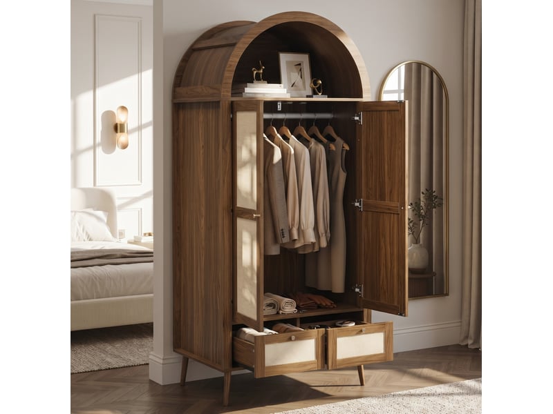  Armoire 2 portes avec tringle et 2 tiroirs, 80 x 55 x 180 cm, noyer et beige  - Conforama B