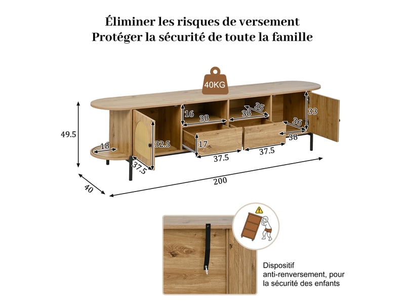 Meuble tv tcqpz ovale 200 x 40 x 49,5 cm en mdf naturel avec portes en rotin, tiroirs, rangements ouverts et passe-câbles  - Conforama C