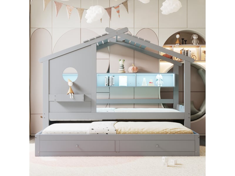  Lit enfant 90x200 cm - lit gigogne 90x200 cm - led rgb connectée et prises usb - 2 tiroirs - gris  - Conforama D