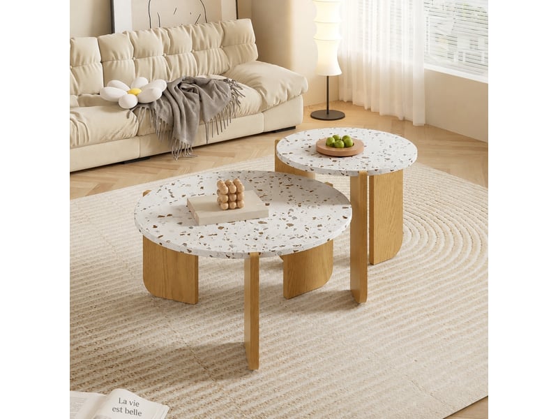  Ensemble de 2 tables basses rondes gigognes, motifs décoratifs blancs et bois naturel, ø 70 et 50 cm  - Conforama D