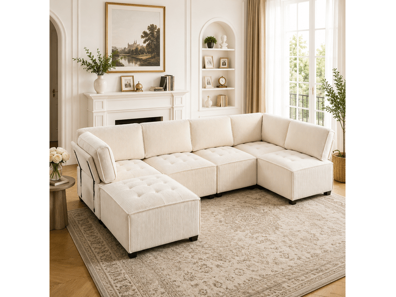  Canapé modulable 6 places 308x154x81,99 cm en velours côtelé beige  - Conforama B