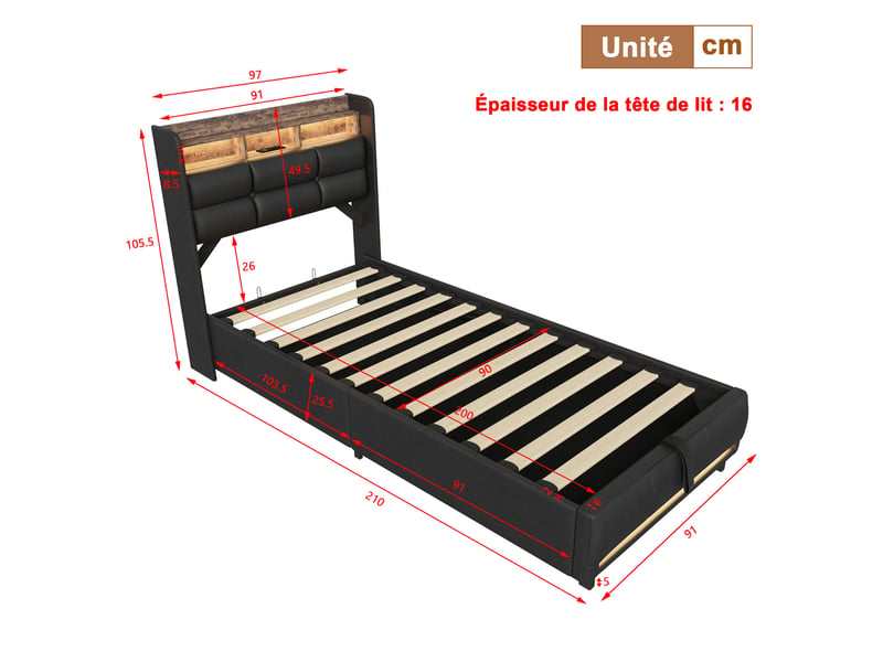  Lit simple coffre 90x200, rangement tête de lit et hydraulique, led tête et pied de lit, ports usb et type-c, revêtement pu noir  - Conforama C