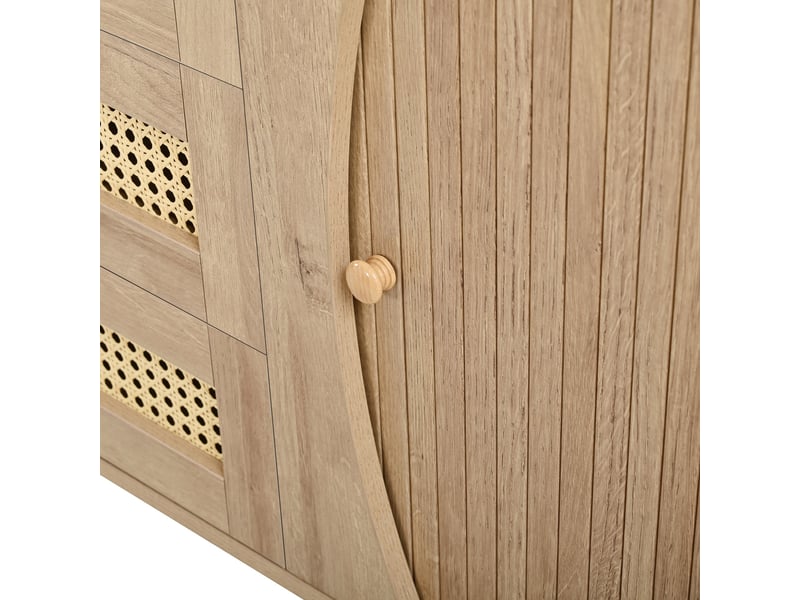  Commode en rotin 3 tiroirs et 2 portes coulissantes, 141 x 40 x 77 cm, étagères réglables et plateau arrondi, couleur naturel  - Conforama E