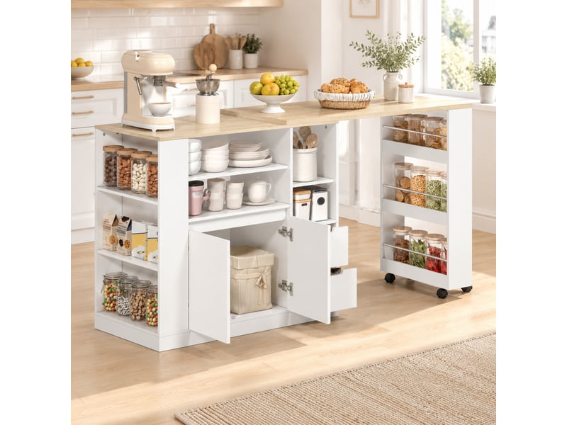  Desserte îlot de cuisine 115x50x92 cm avec plan extensible, blanc naturel  - Conforama B