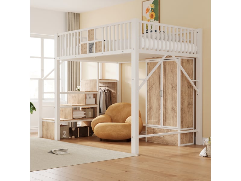  Lit mezzanine 140 × 200 cm en métal et bois, coloris blanc, placard intégré, tiroirs et échelle de rangement.  - Conforama D