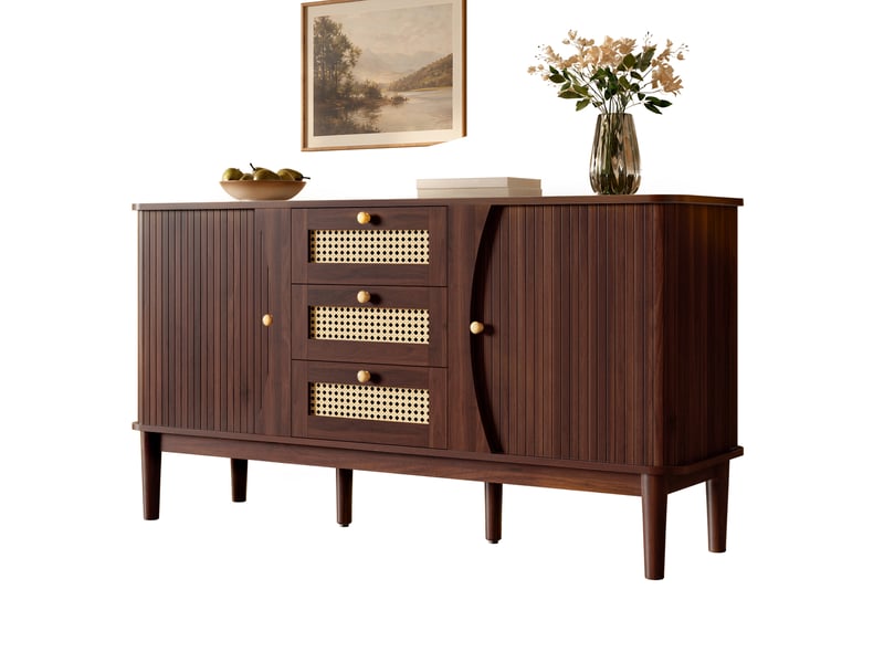 Buffet 141 x 40 x 77 cm en mdf, 3 tiroirs en rotin, portes coulissantes, noyer - Conforama A