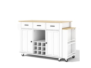 Îlot de cuisine avec plateau extensible 3 tiroirs et 7 roulettes 136-223x50x93 cm